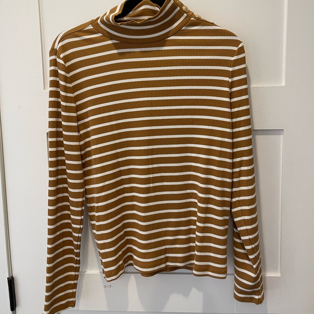 J.Crew Brown and White Striped Turtleneck with Gold Buttons